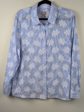Chico's Blue & White Stripe Embroidered Floral Button-Up Cotton Shirt Size 2/L